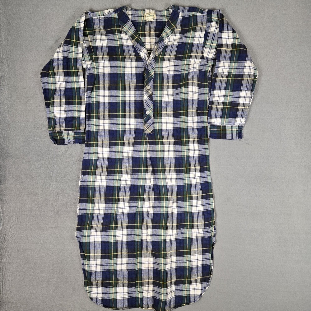 Vintage LL Bean Night Shirt Womens Medium Green Blue Plaid Ladies Made in USA